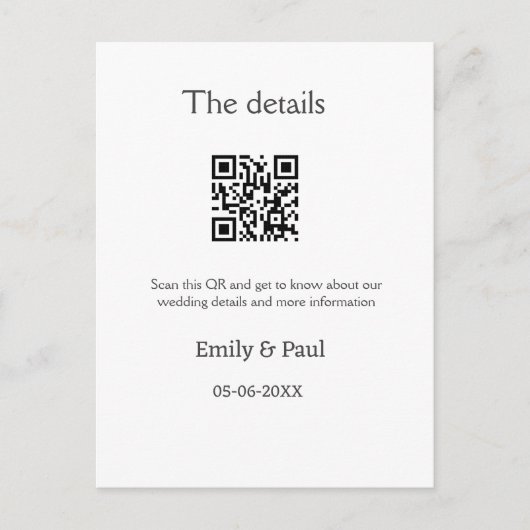 De details bruiloft website scan QR voeg paar naam Briefkaart (Voorkant)