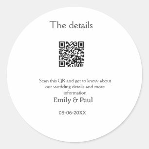 De details bruiloft website scan QR voeg paar naam Ronde Sticker