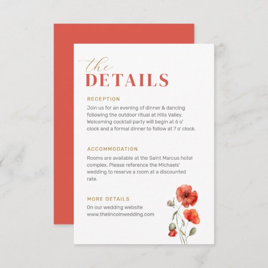De details Poppy Wildflower Red Bright Wedding Informatiekaartje (Voorkant / Achterkant)