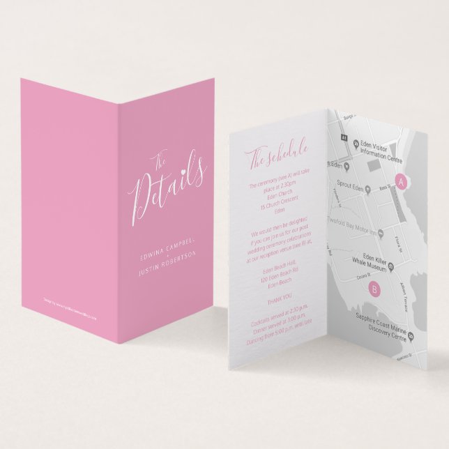 De details van de trouwgebeurtenis gastschema roze kaart (Binnen en buitenkant)