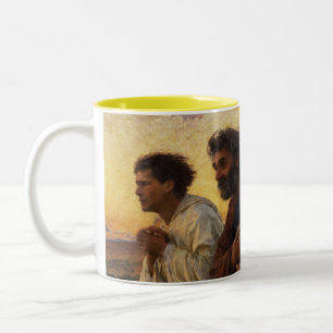De disciples Peter en John Running Tweekleurige Koffiemok