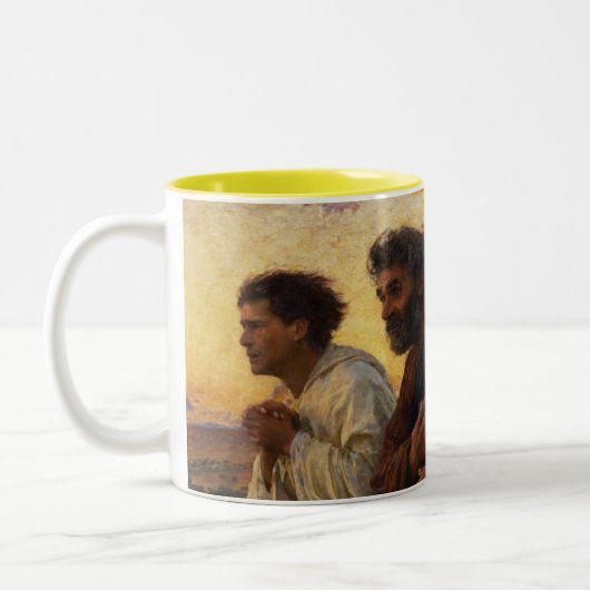 De disciples Peter en John Running Tweekleurige Koffiemok (Links)