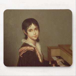 De dochter van de kunstenaar bij de Piano Muismat