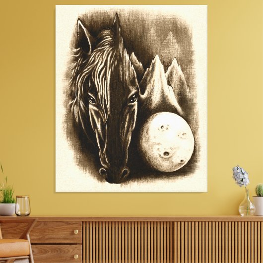 De donkere zijde - Surreal Black Horse and Moon Canvas Afdruk (Insitu (Woonkamer))