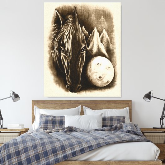 De donkere zijde - Surreal Black Horse and Moon Canvas Afdruk (Insitu (Slaapkamer))