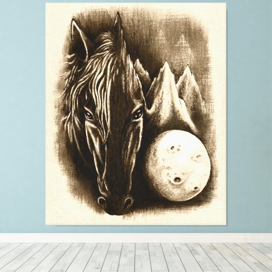 De donkere zijde - Surreal Black Horse and Moon Canvas Afdruk (Insitu (Houten vloer))