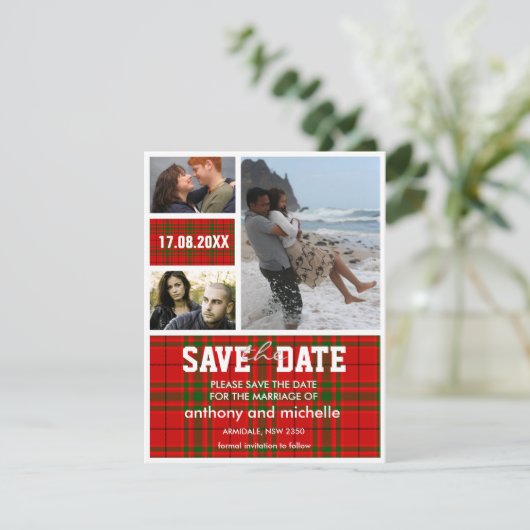De douane tartan de bruiloft van het fotoblok bewa save the date (Staand voorkant)