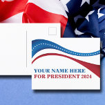 De douane voegt Uw Eigen Kandidaat voor President  Briefkaart<br><div class="desc">Pas je eigen politieke campagne-briefkaarten aan door je eigen naam of een andere politicus toe te voegen onder deze artistieke Amerikaanse vlag in rood,  wit en blauw. Voeg een douanenaam voor president in 2024 toe.</div>