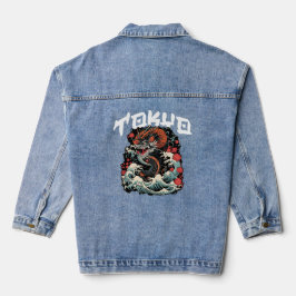 De draak danst Japanse retro zeelandschap Denim Jacket