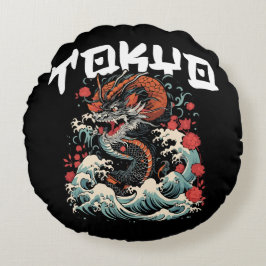 De draak danst Japanse retro zeelandschap Rond Kussen
