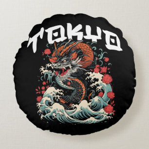 De draak danst Japanse retro zeelandschap Rond Kussen