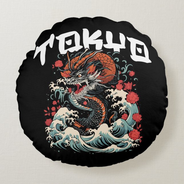 De draak danst Japanse retro zeelandschap Rond Kussen (Voorkant)