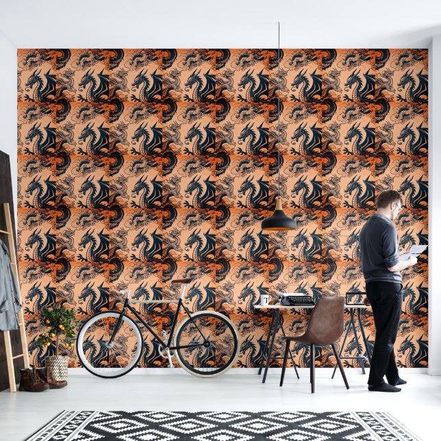 De Drakenoorlog Oranje Luchten Behang (Woonkamer)