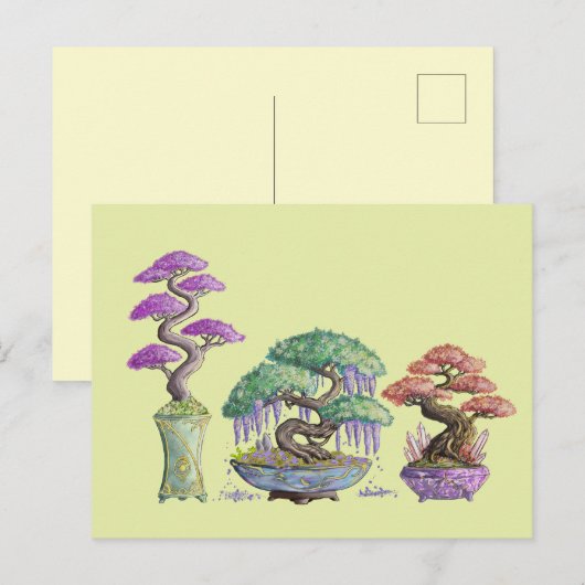 De drie kleurrijke bonsaivaasjes. briefkaart (Voorkant / Achterkant)