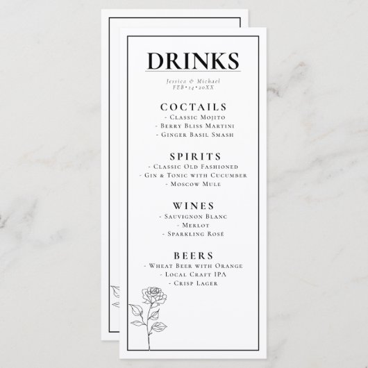 De DRINKEN + mooie tekst Tijdloze Bloei Menu (Voorkant / Achterkant)