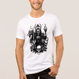 De duivel houdt vuur en een zwaard vast. Tri-Blend shirt
