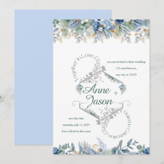 De Dust Blue Floral bruiloft uitnodiging (Voorkant / Achterkant)