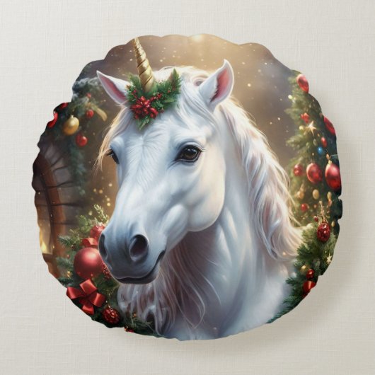 “De Eenhoorn van Noel” Rond Kussen (Voorkant)