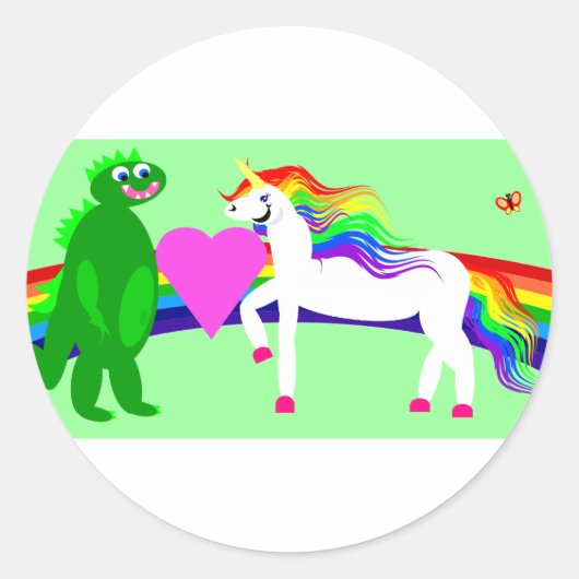 De Eenhoorn ziet de Dinosaurus Ronde Sticker (Voorkant)