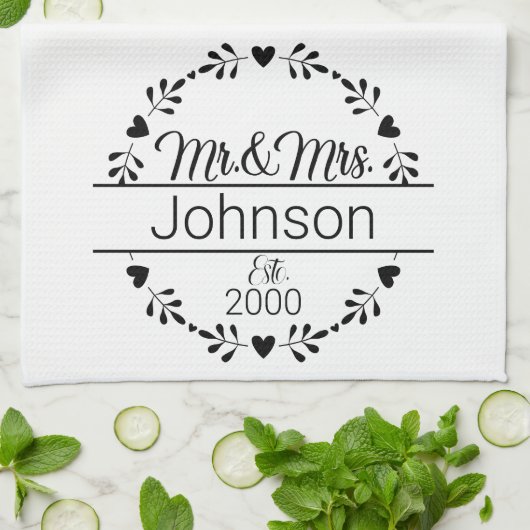 De eenvoudige heer Mrs Couple Name Monogram Kitche Theedoek (Gevouwen)