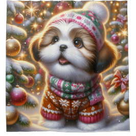 De eerste besneeuwde kerst van de Shih Tzu-puppy Douchegordijn