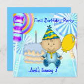 De eerste 'Birthday Party Child' Boy Blue Cake Kaart (Voorkant / Achterkant)