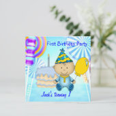 De eerste 'Birthday Party Child' Boy Blue Cake Kaart (Staand voorkant)
