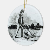 De eerste grasmaaier (graving) (foto) keramisch ornament (Links)