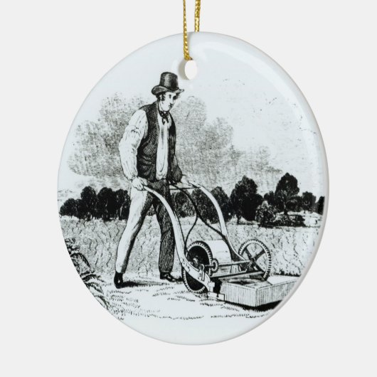 De eerste grasmaaier (graving) (foto) keramisch ornament (Links)