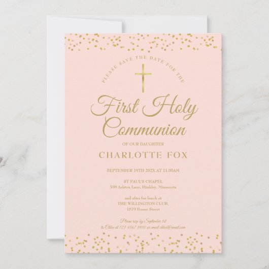 De eerste Heilige Commune Blush Pink Gold Dust Fot Save The Date (Voorkant)