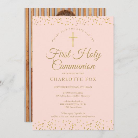 De eerste Heilige Commune Blush Pink Gold Dust Fot Save The Date (Voorkant / Achterkant)
