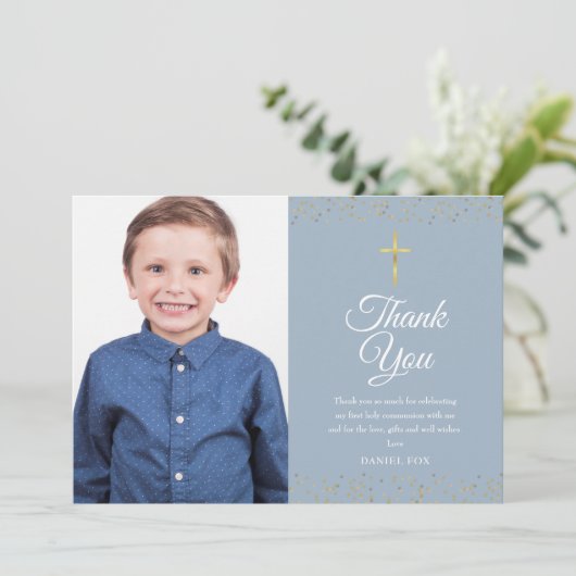 De eerste Heilige Commune Dusty Blue Gold Dust Fot Bedankkaart (Staand voorkant)