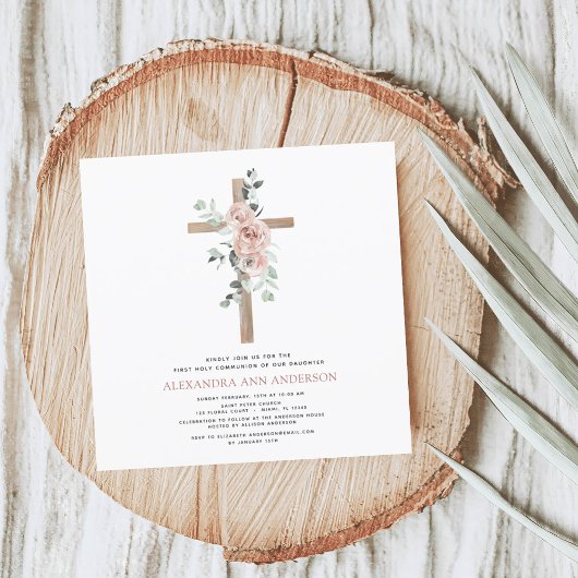 De eerste Heilige Communie Girl's Dusty Pink Rose Kaart