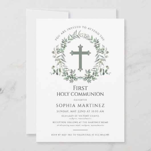 De eerste heilige communie van Green Wreath Girl Kaart (Voorkant)