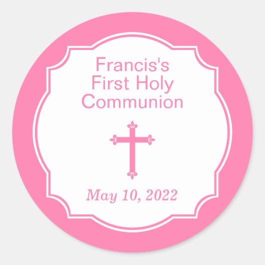 De eerste Heilige Communie van het roze kruiseling Ronde Sticker (Voorkant)