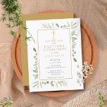 De eerste heilige communistische Waterverf Greener Aankondigingskaart<br><div class="desc">Met delicate waterverf bladeren en een elegant goudkruisbeeld,  kan deze chic gender-neutrale Eerste Heilige Communie sparen de date uitnodiging gepersonaliseerd worden met je speciale informatie,  met een gouden achtergrond aan de andere kant. Ontworpen door: Thisnotme©</div>