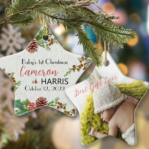 De eerste kerstbeste cadeaufoto van Rustic Baby Ornament