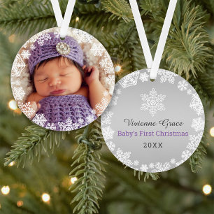 De eerste kerstdag van de baby  Foto Paarse Snowfl Ornament