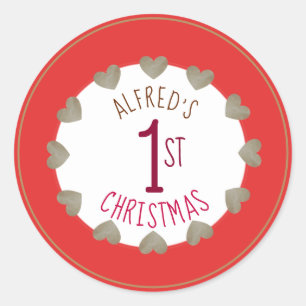 De eerste Kerstdag van de baby, rood en gouden har Ronde Sticker