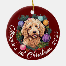 De eerste kerstdagen van Goldendoodle Keramisch Ornament