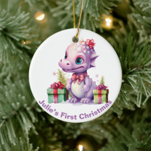 De eerste kerstdinosaurus van baby. keramisch ornament