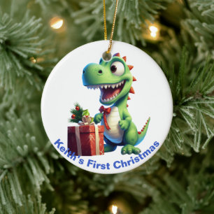 De eerste kerstdinosaurus van baby.  keramisch ornament
