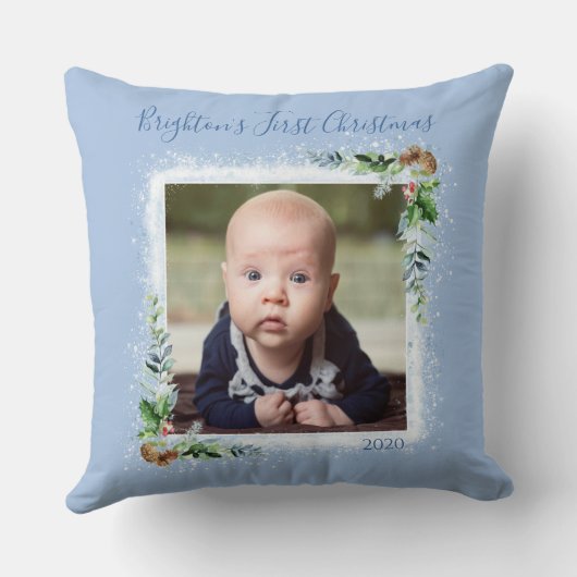 De eerste kerstfoto van baby Datum Snowflakes Kussen (Achterkant)