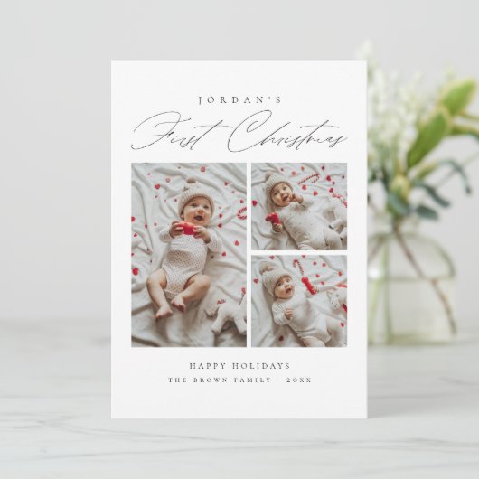 De eerste kerstfoto van Baby in Bourgogne Feestdagenkaart (Staand voorkant)