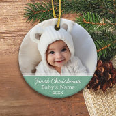 De eerste kerstfoto van baby Mint Green Minimal Keramisch Ornament