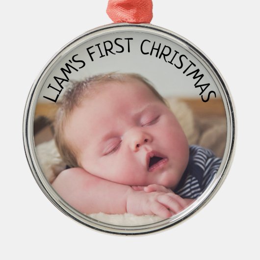 De eerste kerstfoto van baby's Baby Blauwe Kerstmi Metalen Ornament (Voorkant)