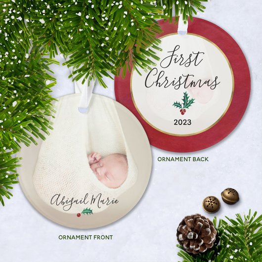 De eerste kerstfoto van baby's Groen & Red Holly Ornament