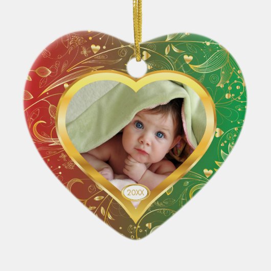 De eerste kerstfoto van baby's: Heart Green Keramisch Ornament (Voorkant)