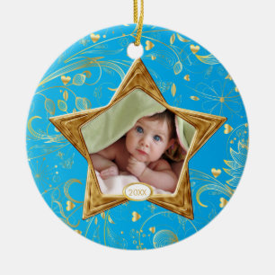 De eerste kerstfoto van baby's keramisch ornament