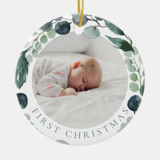 De eerste kerstfoto van baby's met eucalyptus keramisch ornament (Voorkant)